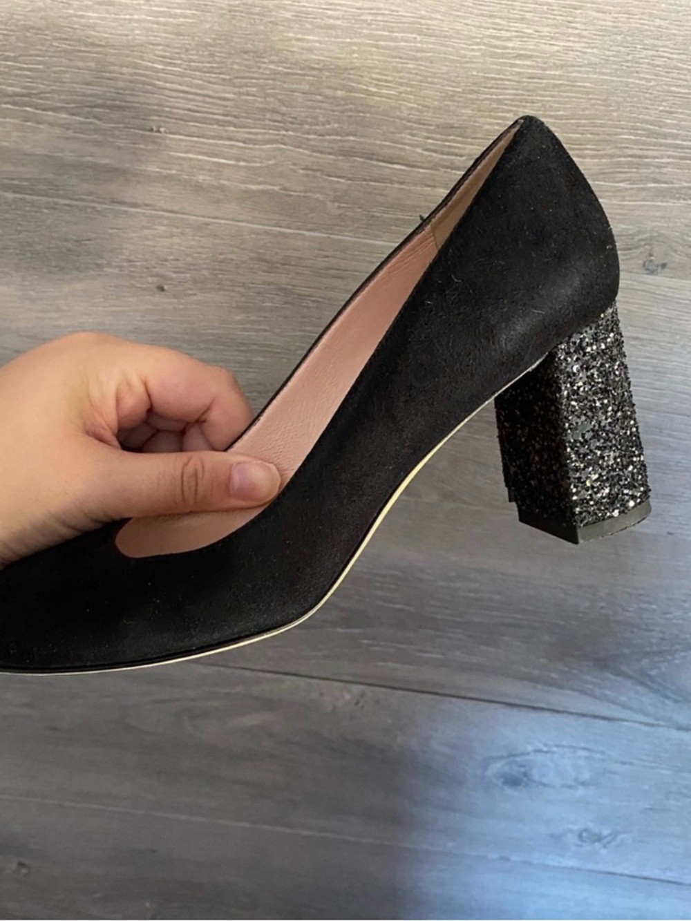 kate spade Dolores Black Suede Block Heel Pumps with Glitter Heel size 7